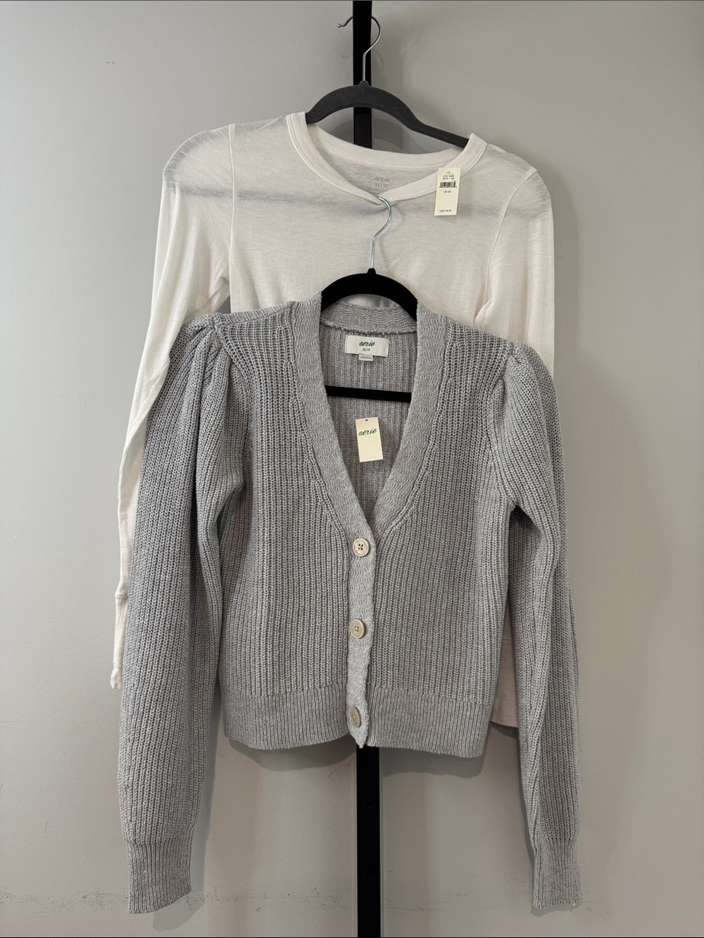 Aerie Gray Cardigan Sweater & White Long Sleeve Top Size XS New NWT